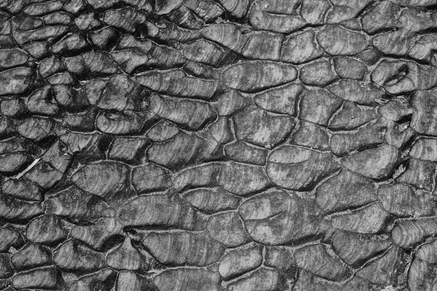 Felsen Textur im oben Aussicht dient wie ein einzigartig und fesselnd. Natur von oben von hügel. schwarz und Weiß Schuss. foto