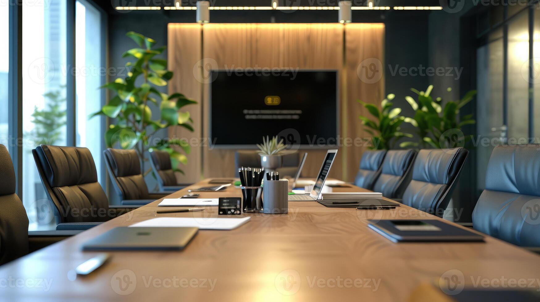 ai generiert Innere von ein modern Büro Sitzungssaal enthält ein Tabelle und Stühle, Laptop und Büro liefert nach ein Treffen foto