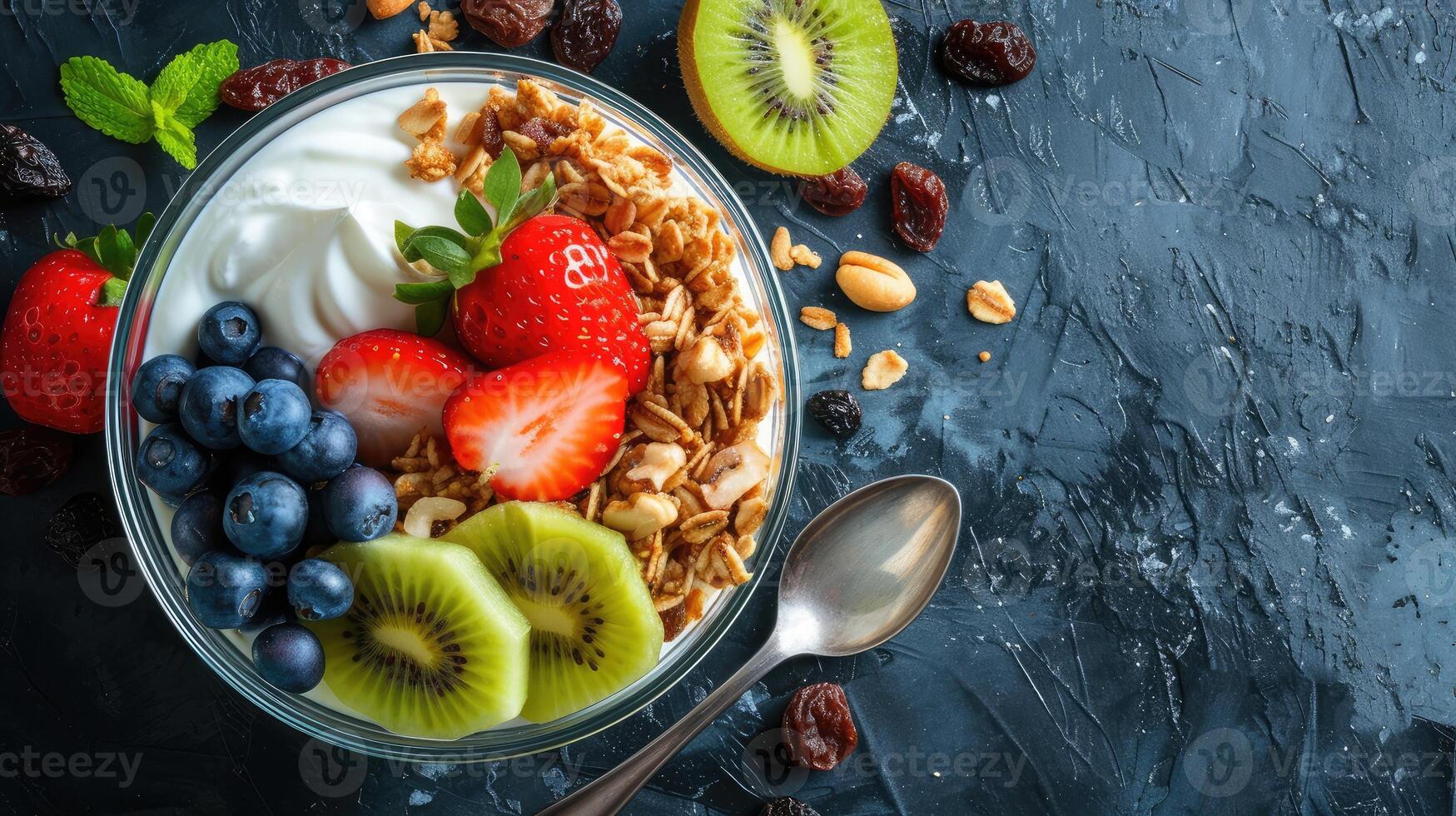 ai generiert hausgemacht Granola mit Nüsse und Rosinen, Kiwi, Blaubeeren, Banane, Erdbeeren und einfach Joghurt. oben Sicht. Konzept von gesund Lebensstil, Diät, gesund Essen und Frühstück foto