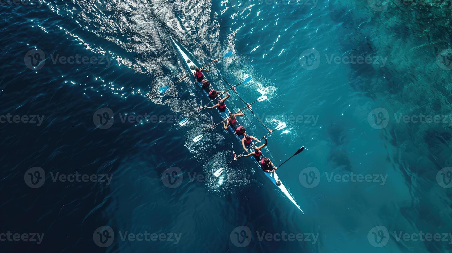 ai generiert Antenne Drohne oben Ultra breit Panorama- Aussicht von Sport Kanu Rudern synchron Mannschaft von Sportler im Wettbewerb im tief Blau Meer foto