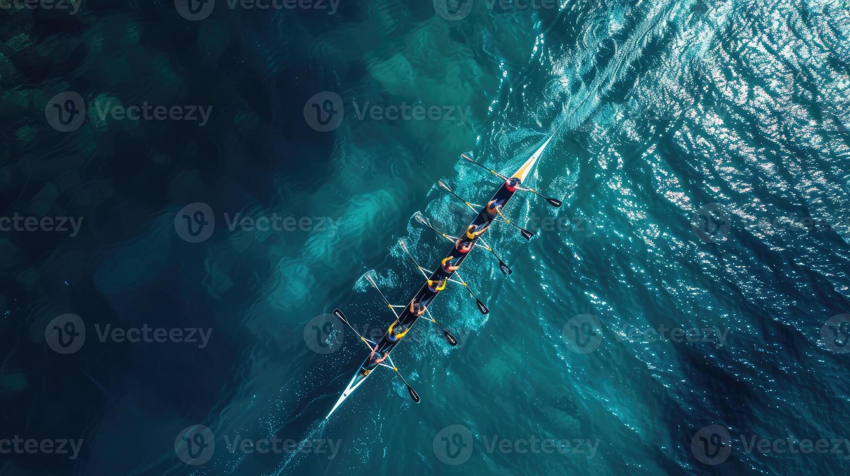 ai generiert Antenne Drohne oben Ultra breit Panorama- Aussicht von Sport Kanu Rudern synchron Mannschaft von Sportler im Wettbewerb im tief Blau Meer foto