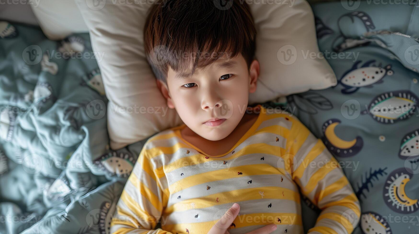ai generiert oben Aussicht von asiatisch Junge Lügen im Bett mit Bauch schmerzen. krank wenig Kind im Schlafzimmer beim heim. Durchfall und Krankheit im Kinder foto