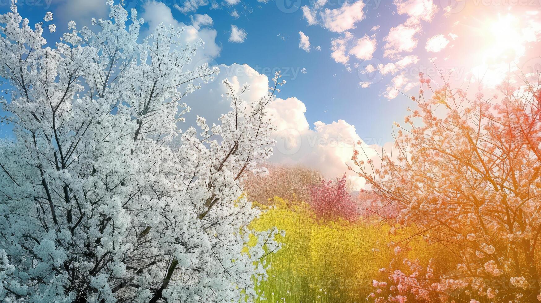 ai generiert Veränderung von Jahreszeiten von Winter zu Frühling und Sommer- foto