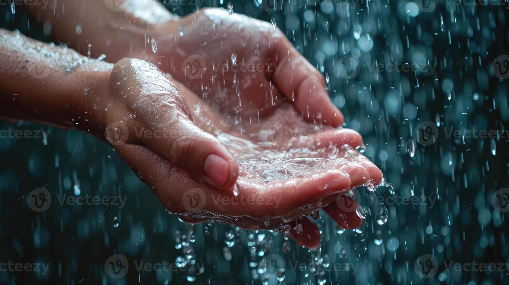 ai generiert Hände mit spritzt von fallen Regen foto