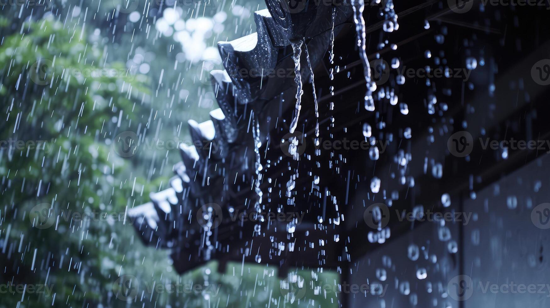 ai generiert Regen fließt Nieder von ein Dach Nieder foto