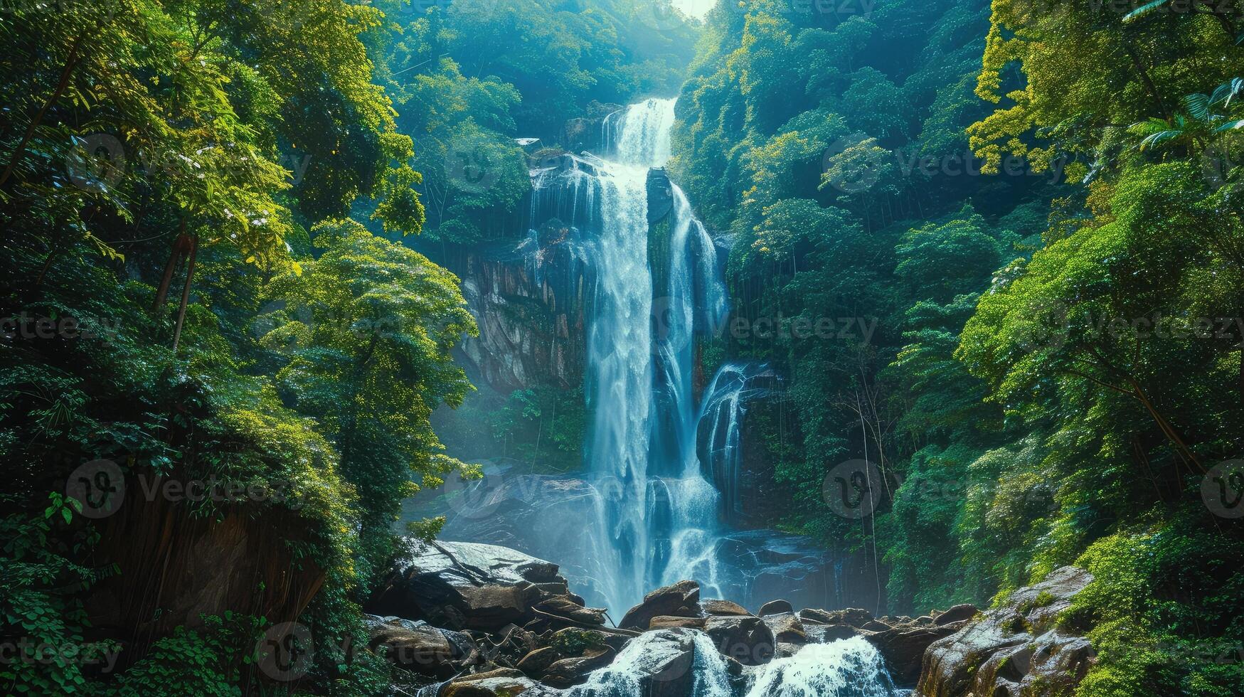 ai generiert Panorama- schön tief Wald Wasserfall foto