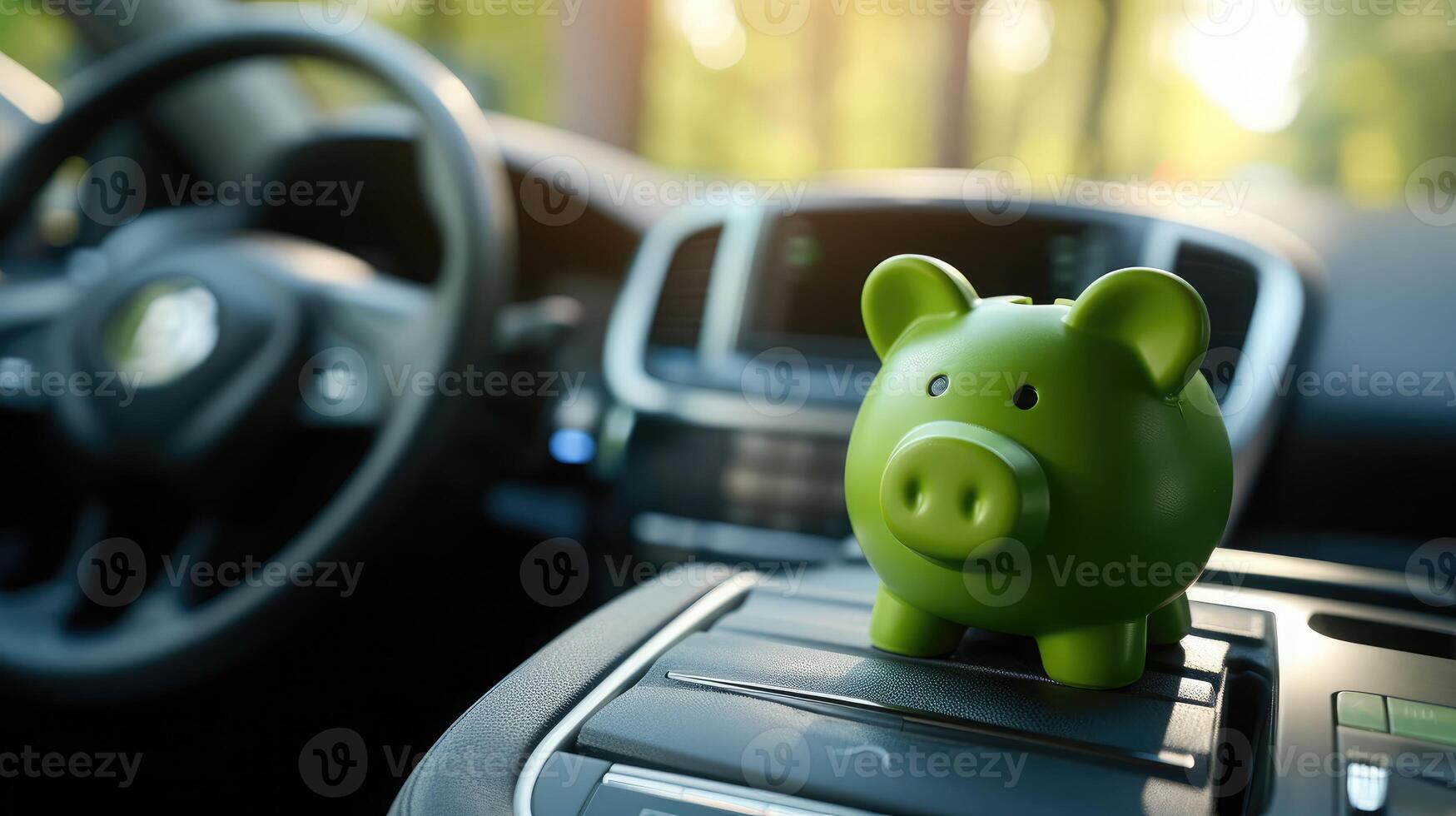 ai generiert Grün Schweinchen Bank Geld Box im Auto Innere, Fahrzeug kaufen, Versicherung oder Fahren und Autofahren cos foto
