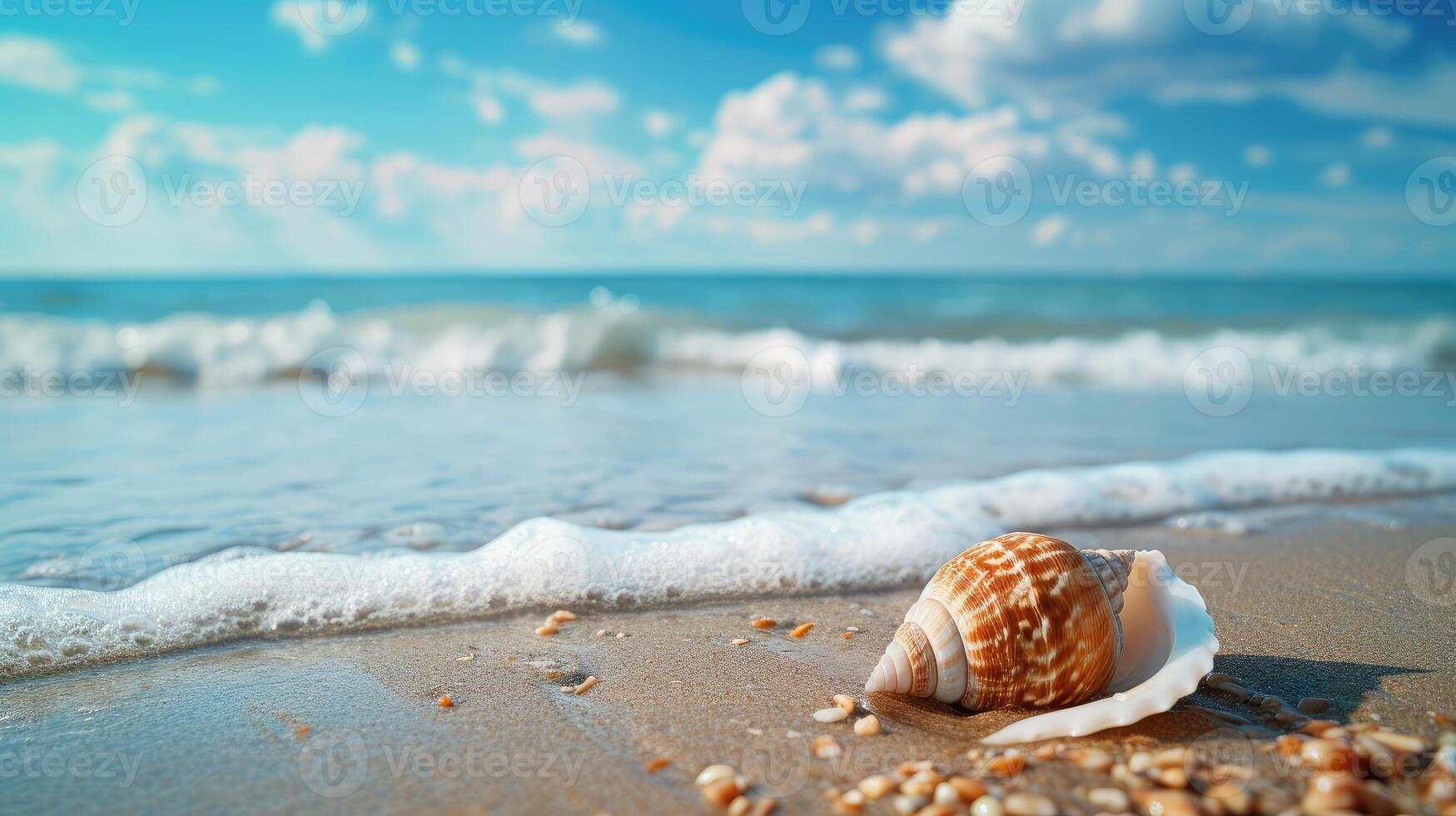 ai generiert Schale auf Strand und Landschaft von Meer mit Himmel. foto
