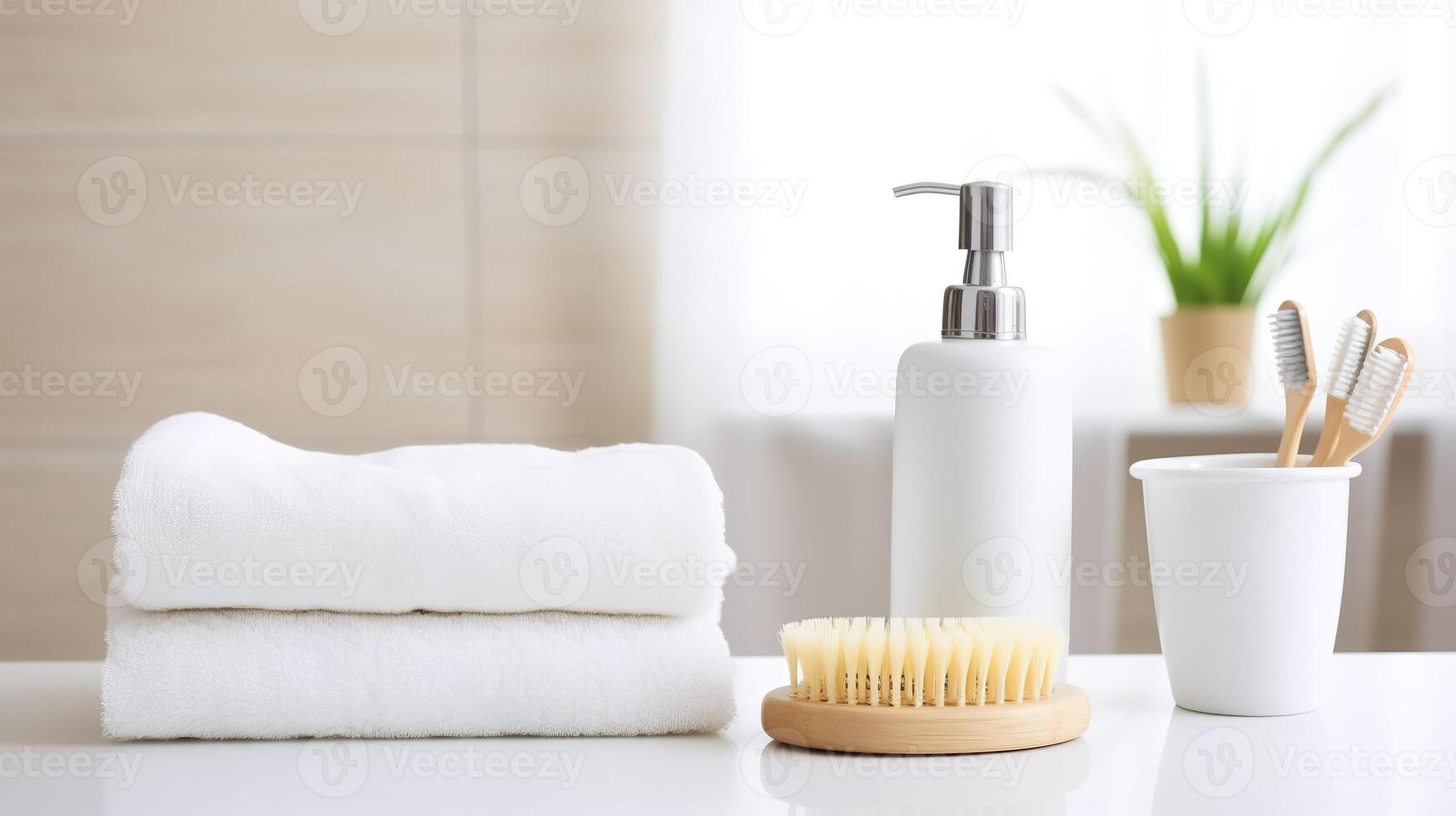 ai generiert Bad Zubehör auf Weiß Tabelle im Badezimmer. Hygiene Konzept. foto