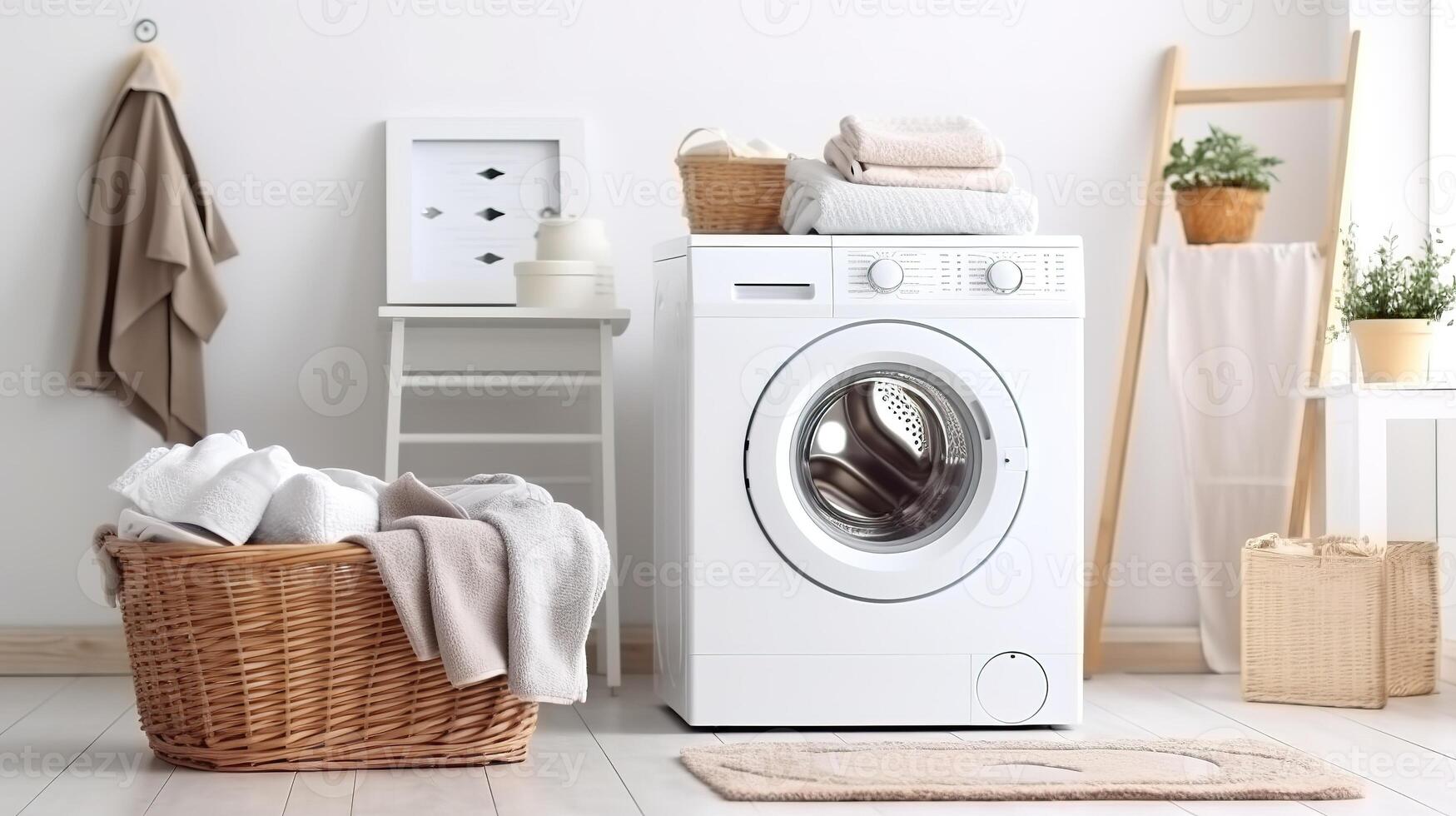 ai generiert Wäsche Zimmer Innere mit Waschen Maschine und Korb mit sauber Handtücher foto