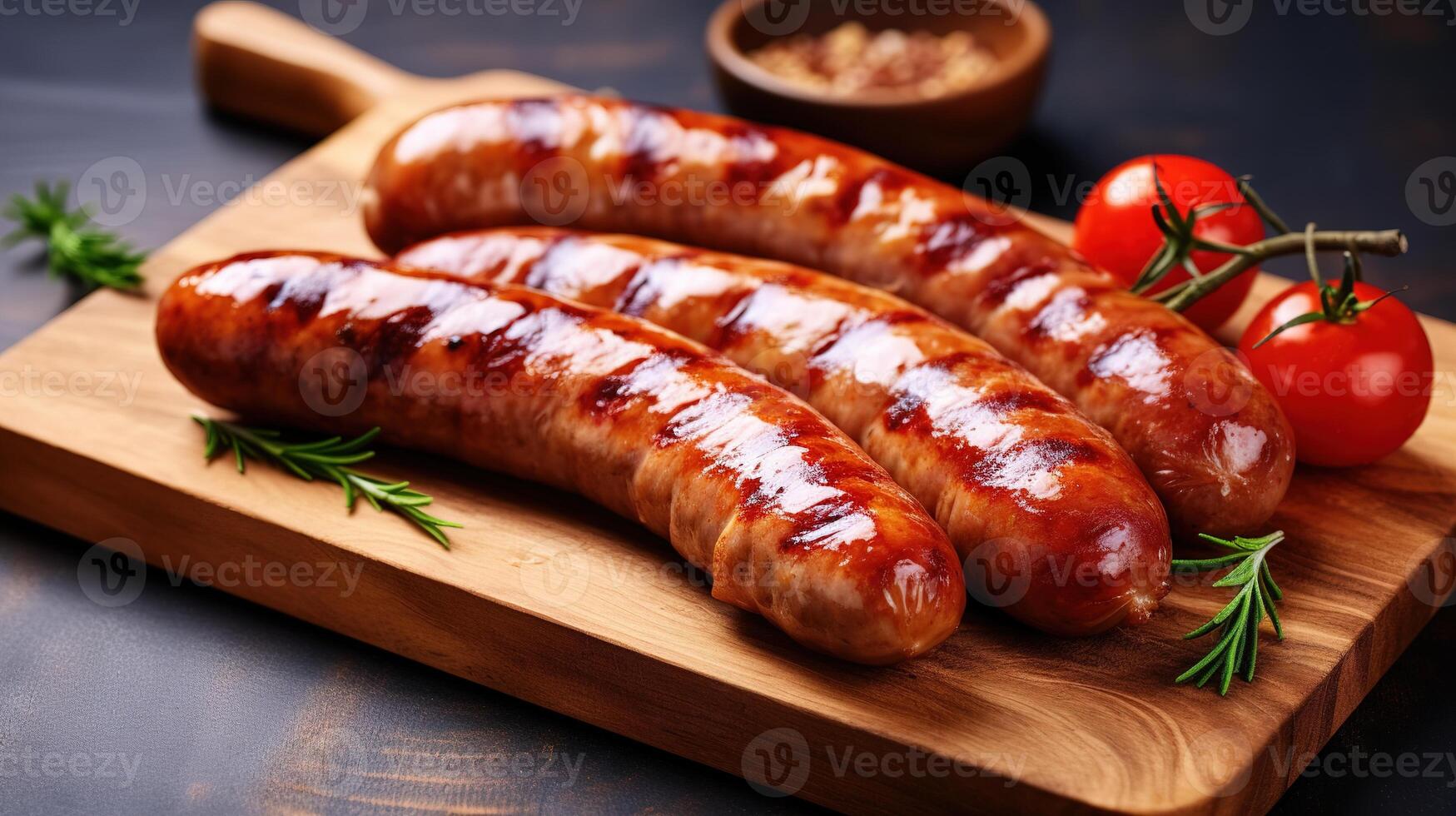 ai generiert gegrillt Würste auf hölzern Schneiden Tafel mit Rosmarin und Tomaten foto