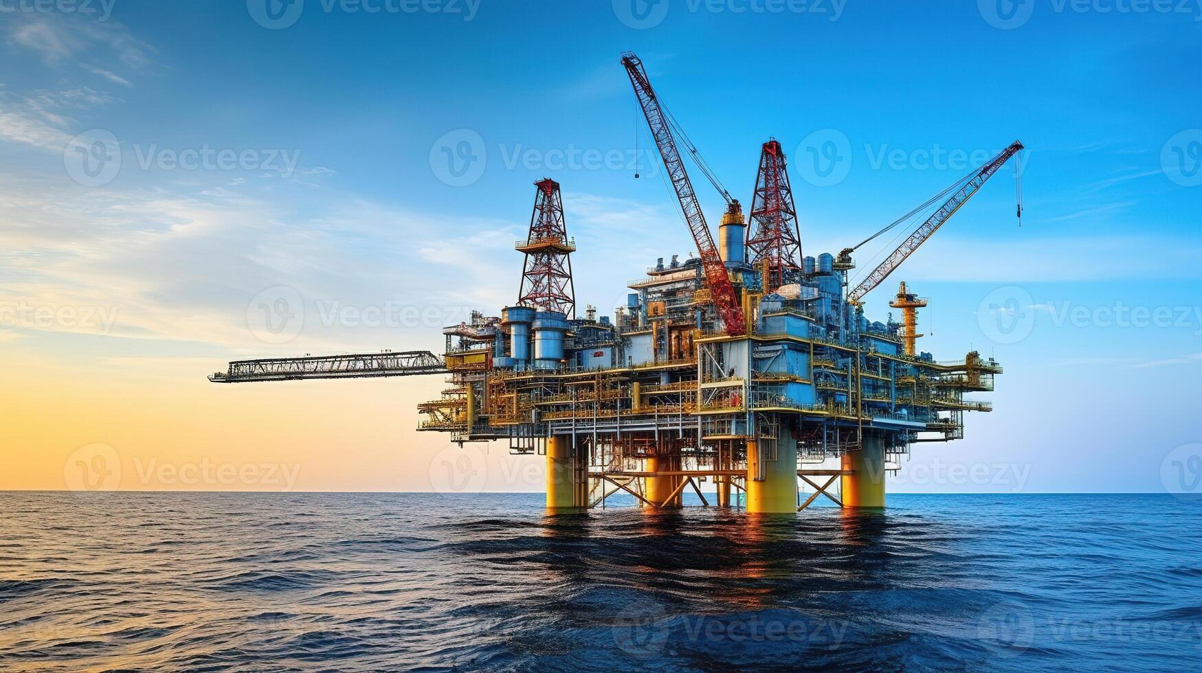 ai generiert Öl und Gas Plattform im das Meer beim Sonnenuntergang. Produktion Plattform zum Öl und Gas Industrie foto