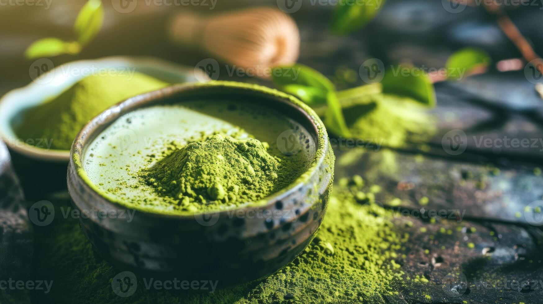 ai generiert Matcha Grün Tee trinken und Pulver foto