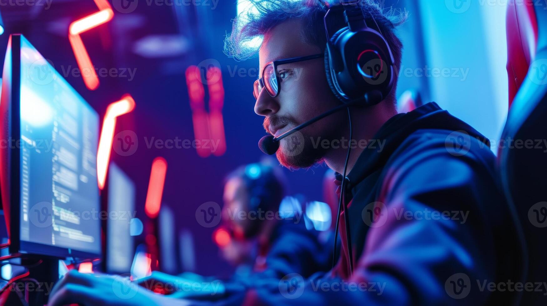 ai generiert Spieler spielen Esport Turnier Wettbewerb. Mann Theaterstücke Video Spiele online streamen, futuristisch Esport Meisterschaft Arena Neon- Licht Hintergrund foto