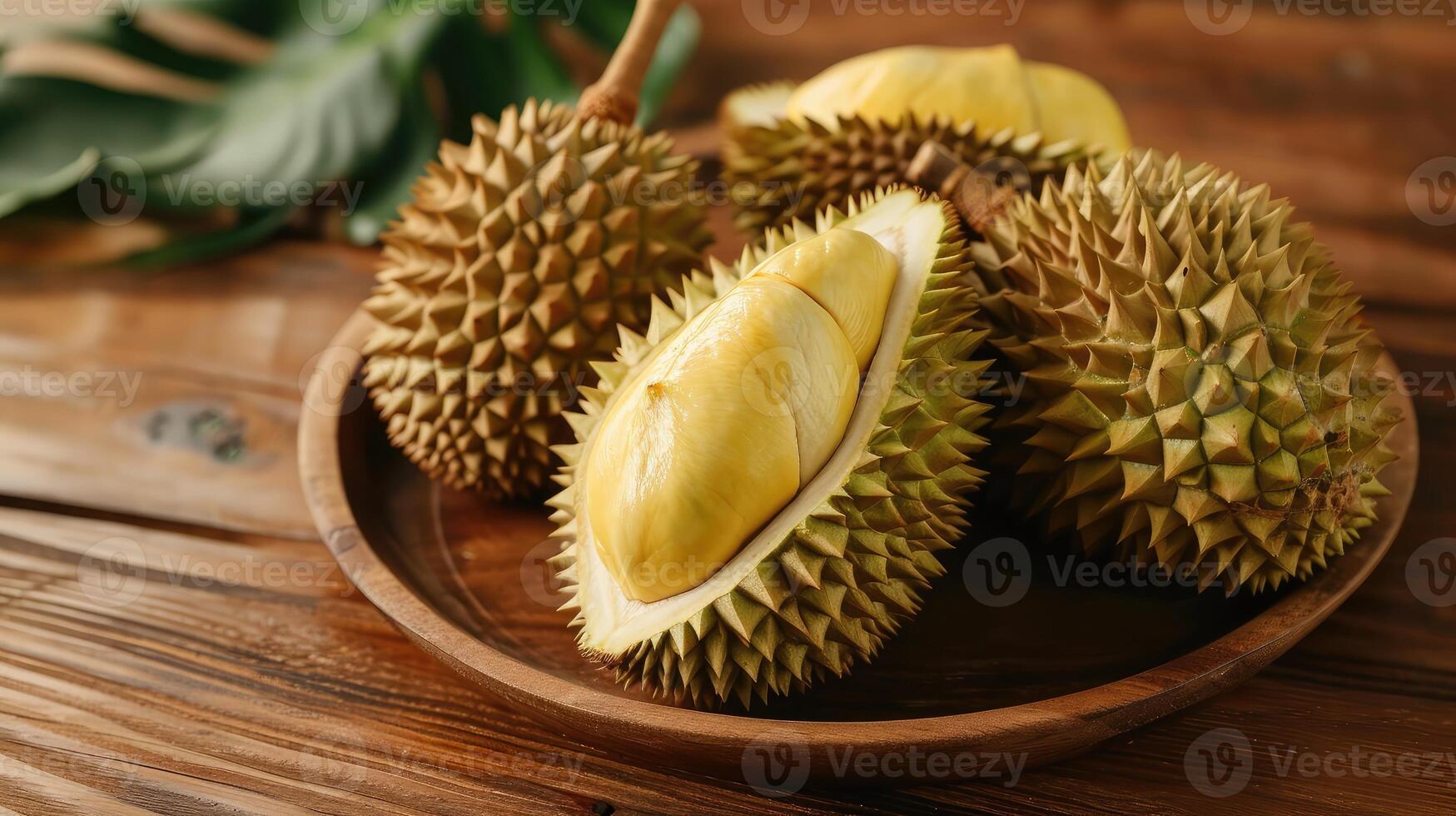 ai generiert lange laplae Durian auf Holz Platte, es ist das die meisten teuer und die meisten köstlich von alle Durian foto