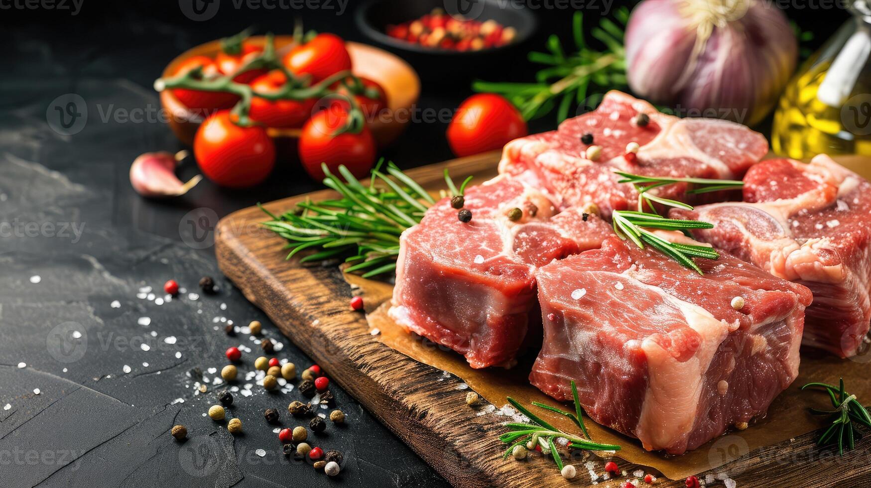 ai generiert frisch Schweinefleisch Bauch Block auf hölzern Tafel foto