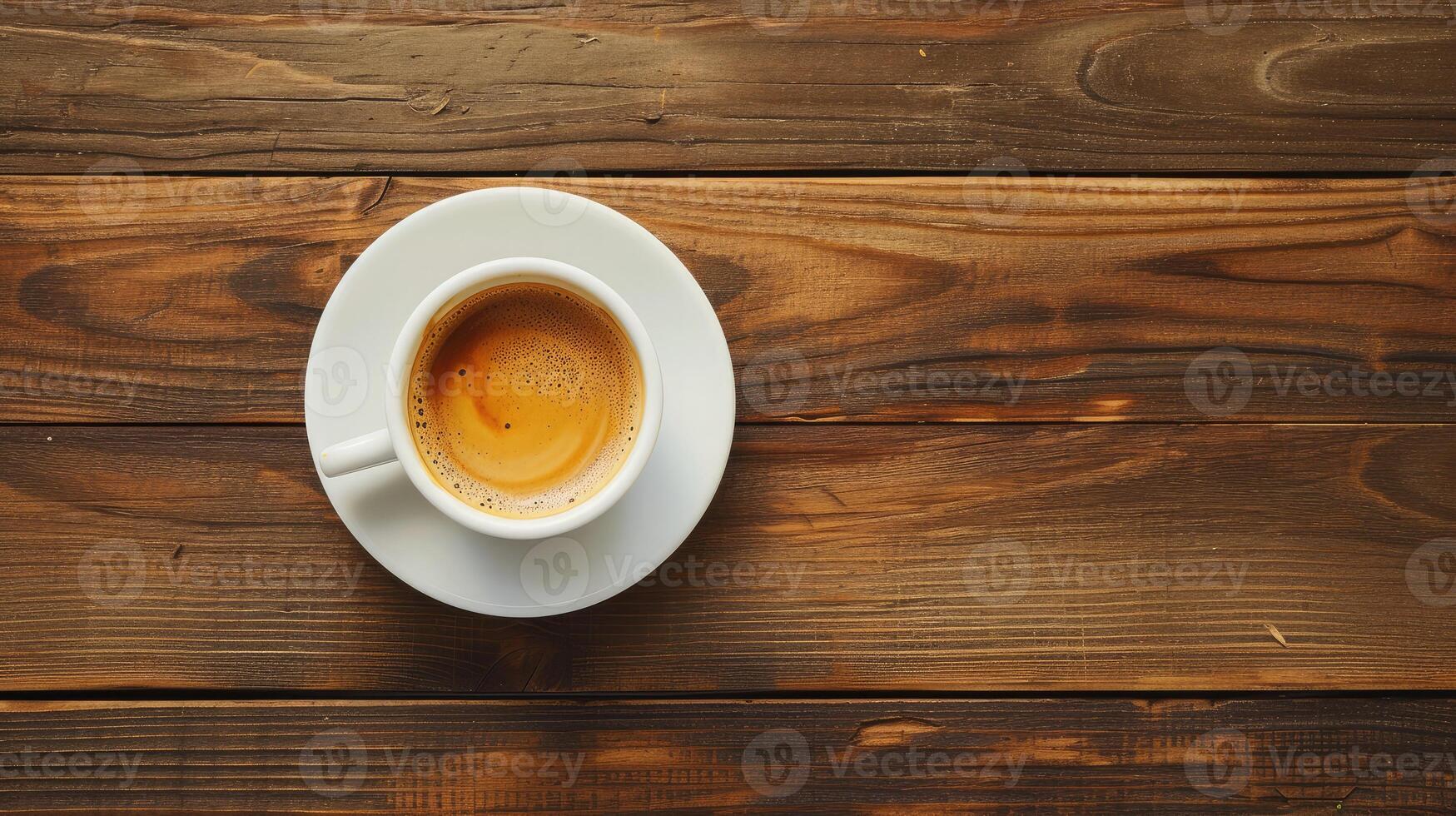 ai generiert oben Aussicht Kaffee mit Weiß Tasse auf Holz Tisch. foto