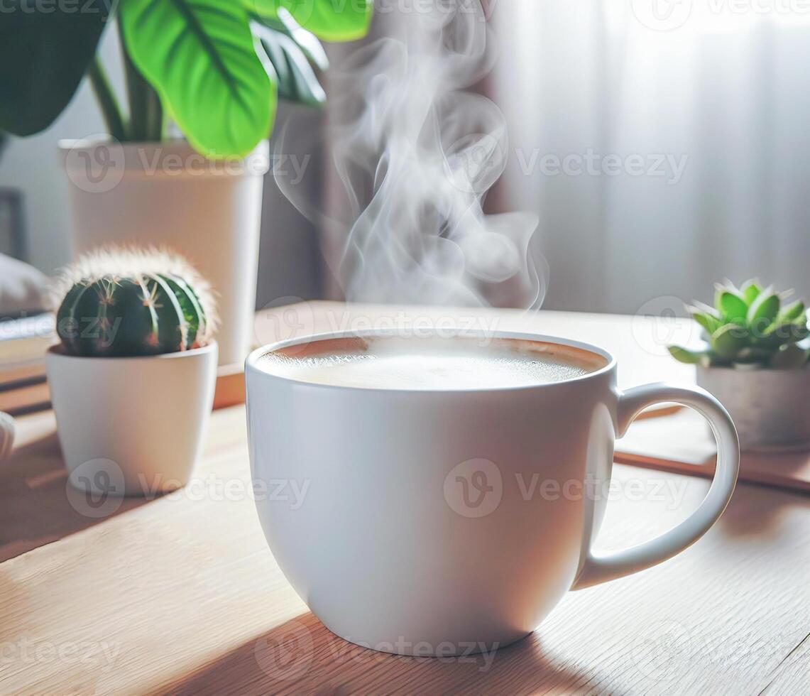 ai generiert Zimmer mit ein Ruhe Atmosphäre, mit Lehm Töpfe platziert im Vorderseite Vorhänge vermieten im natürlich Licht. Glas Flaschen, Kaffee, und verschiedene Objekte auf ein Marmor Tabelle foto