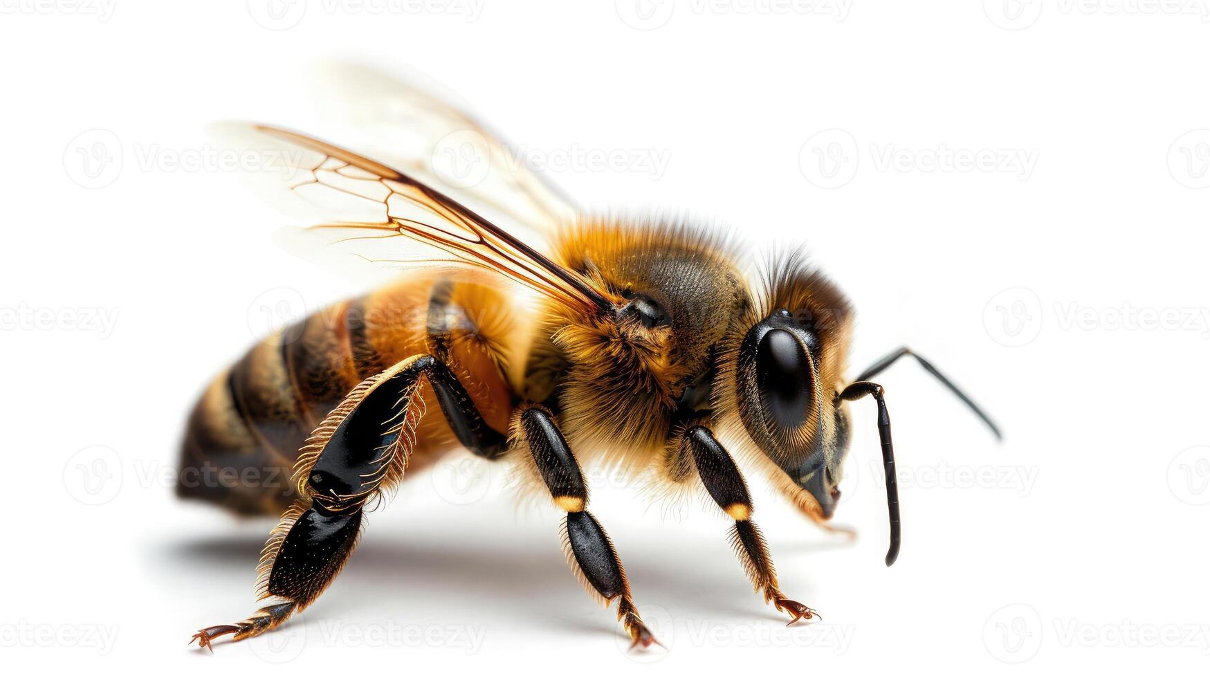 ai generiert Biene isoliert auf Weiß Hintergrund. schließen oben von Honigbiene foto
