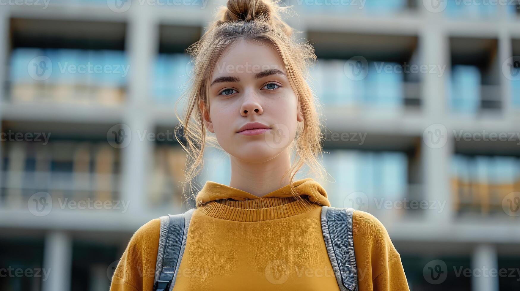 ai generiert jung Schüler im Vorderseite von Universität Gebäude suchen beim Kamera. foto