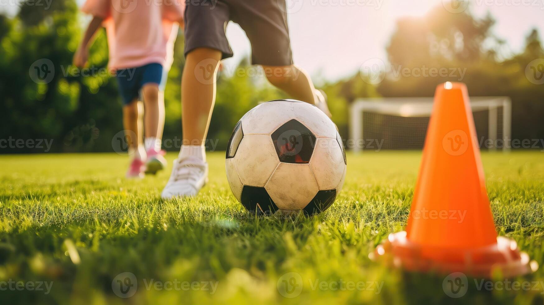 ai generiert Kinder spielen Steuerung Fußball Ball Taktik Kegel auf Gras Feld mit zum Ausbildung Hintergrund Ausbildung Kinder im Fußball foto