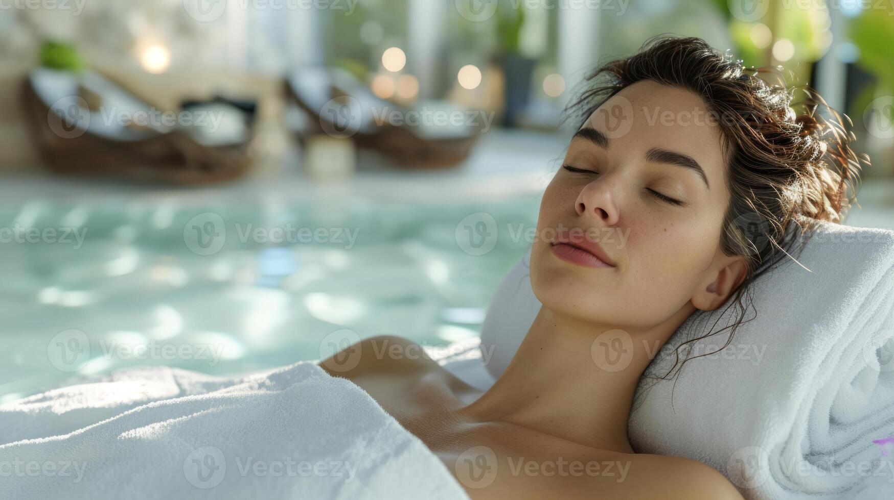 ai generiert entspannt schön Frau im Spa Salon. natürlich Alternative Therapie, Spa Behandlung Konzept foto