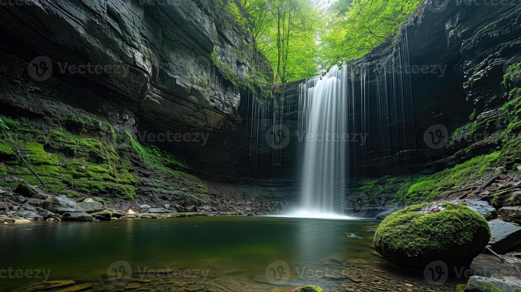 ai generiert Panorama- schön tief Wald Wasserfall foto
