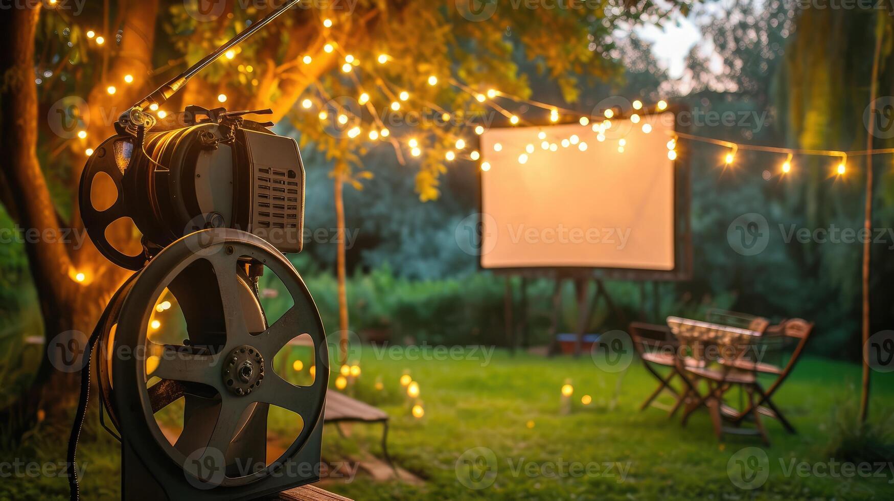 ai generiert Sommer- Kino mit retro Beamer im das Garten foto