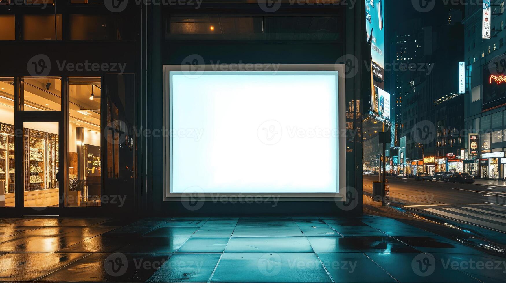 ai generiert leer spotten oben von Geschäft Straße Vitrine Fenster im ein Stadt beim Nacht foto