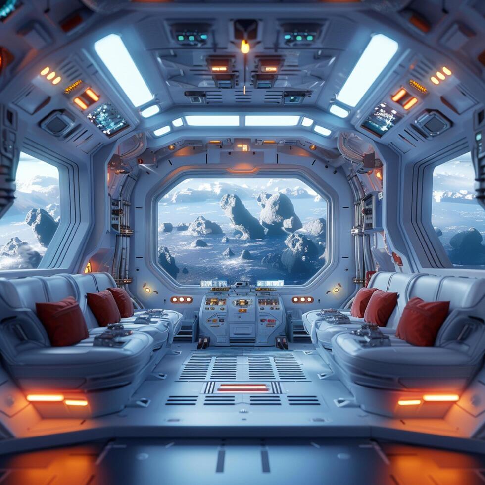 ai generiert Raumschiff Innere mit Immersiv Fenster Sicht, gerendert im atemberaubend 3d zum Sozial Medien Post Größe foto
