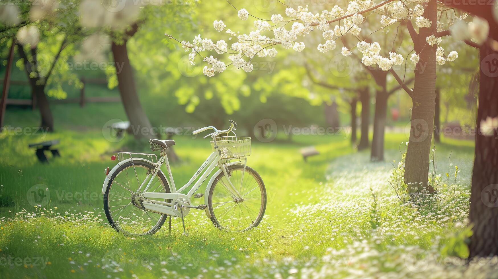 ai generiert Weiß Fahrrad im frisch Sommer- Park foto