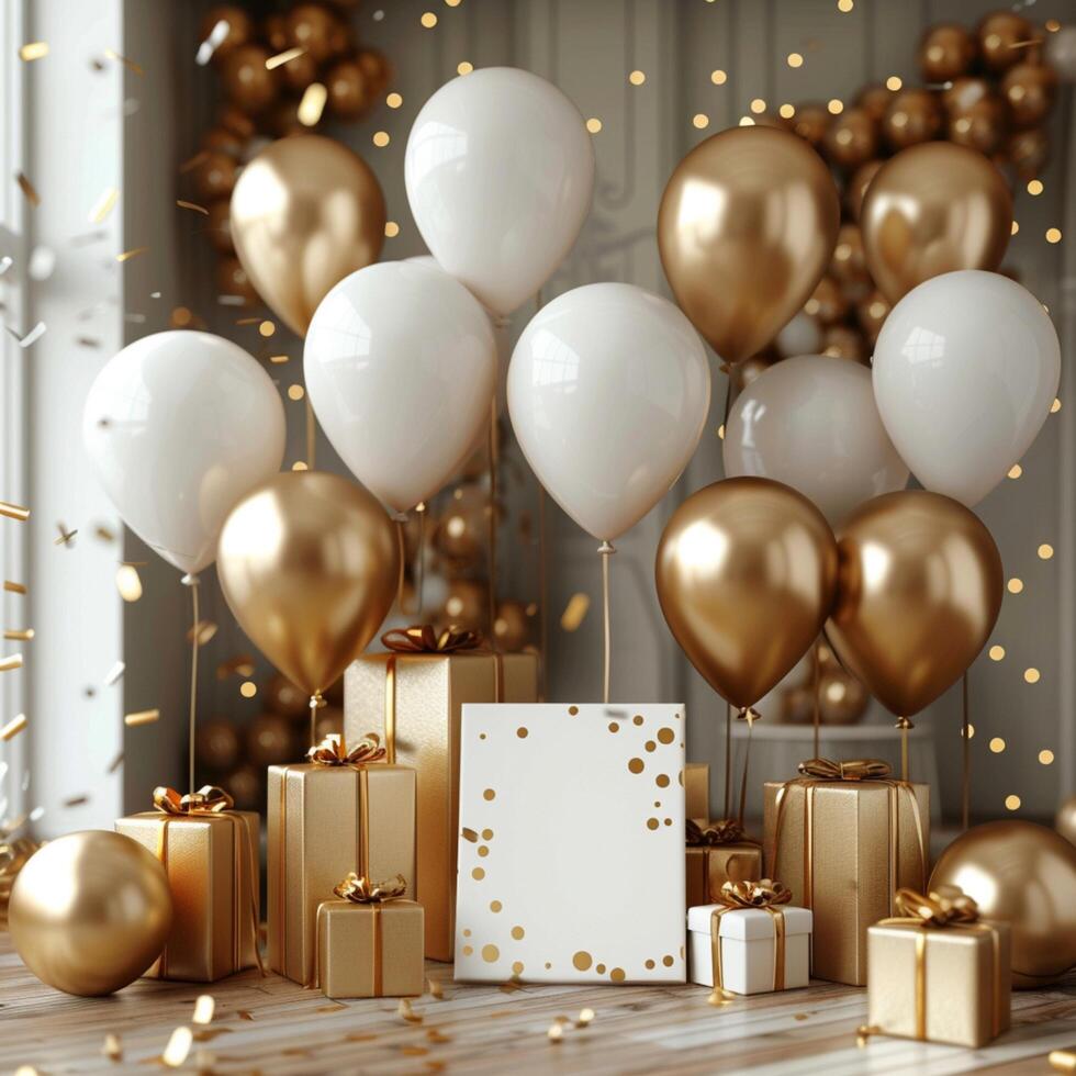 ai generiert golden Luftballons und Geschenke einstellen das Szene zum Feier Einladung zum Sozial Medien Post Größe foto