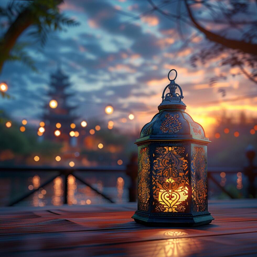 ai generiert schön Ramadan Szene Laterne auf hölzern Tabelle inmitten friedlich Rahmen zum Sozial Medien Post Größe foto