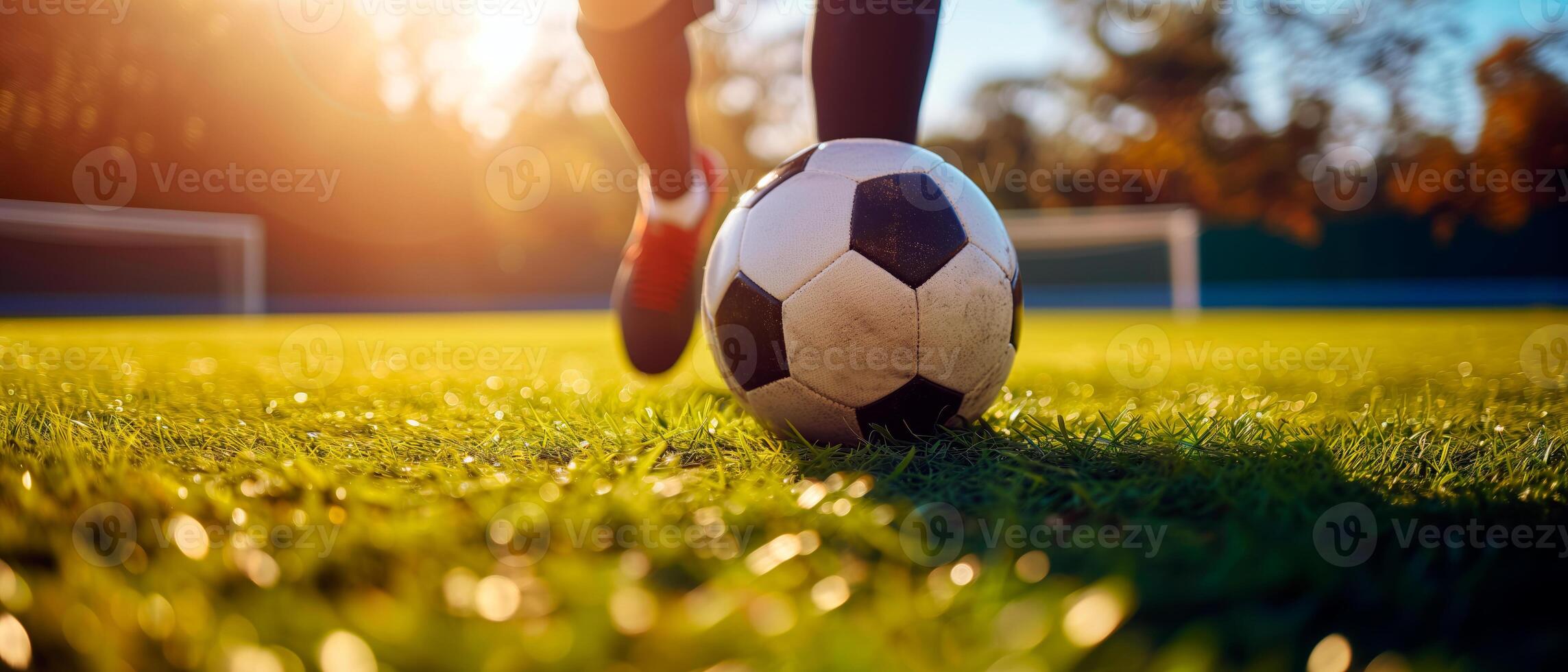 ai generiert Fußball Ball auf Grün Feld. europäisch Fußball Banner Konzept mit leeren Raum zum Text und Förderung. foto