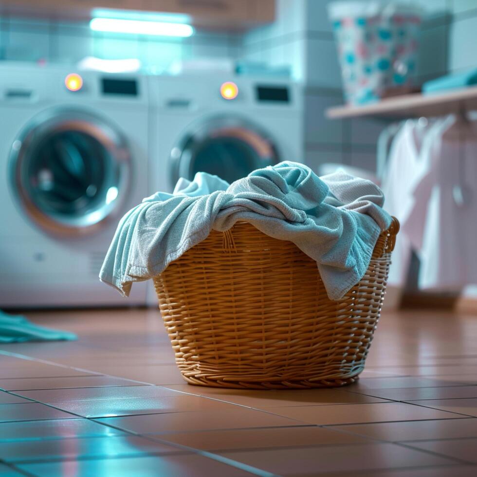 ai generiert Kleider bereit zum Waschen sitzen im Wäsche Korb durch Maschine zum Sozial Medien Post Größe foto