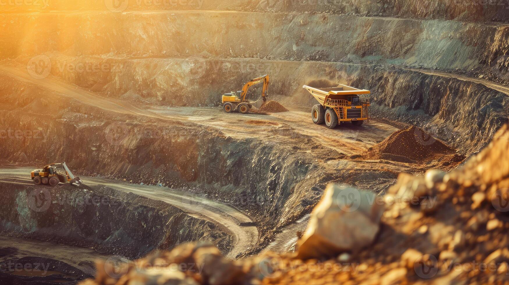 ai generiert Arbeit von Lastwagen und das Bagger im ein öffnen Grube auf Gold Bergbau, foto