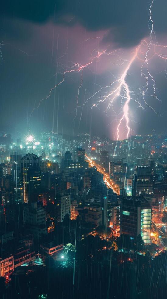 ai generiert Stadtbild beim Nacht mit zwei Blitz Streiks Erstellen dramatisch Landschaft Vertikale Handy, Mobiltelefon Hintergrund foto