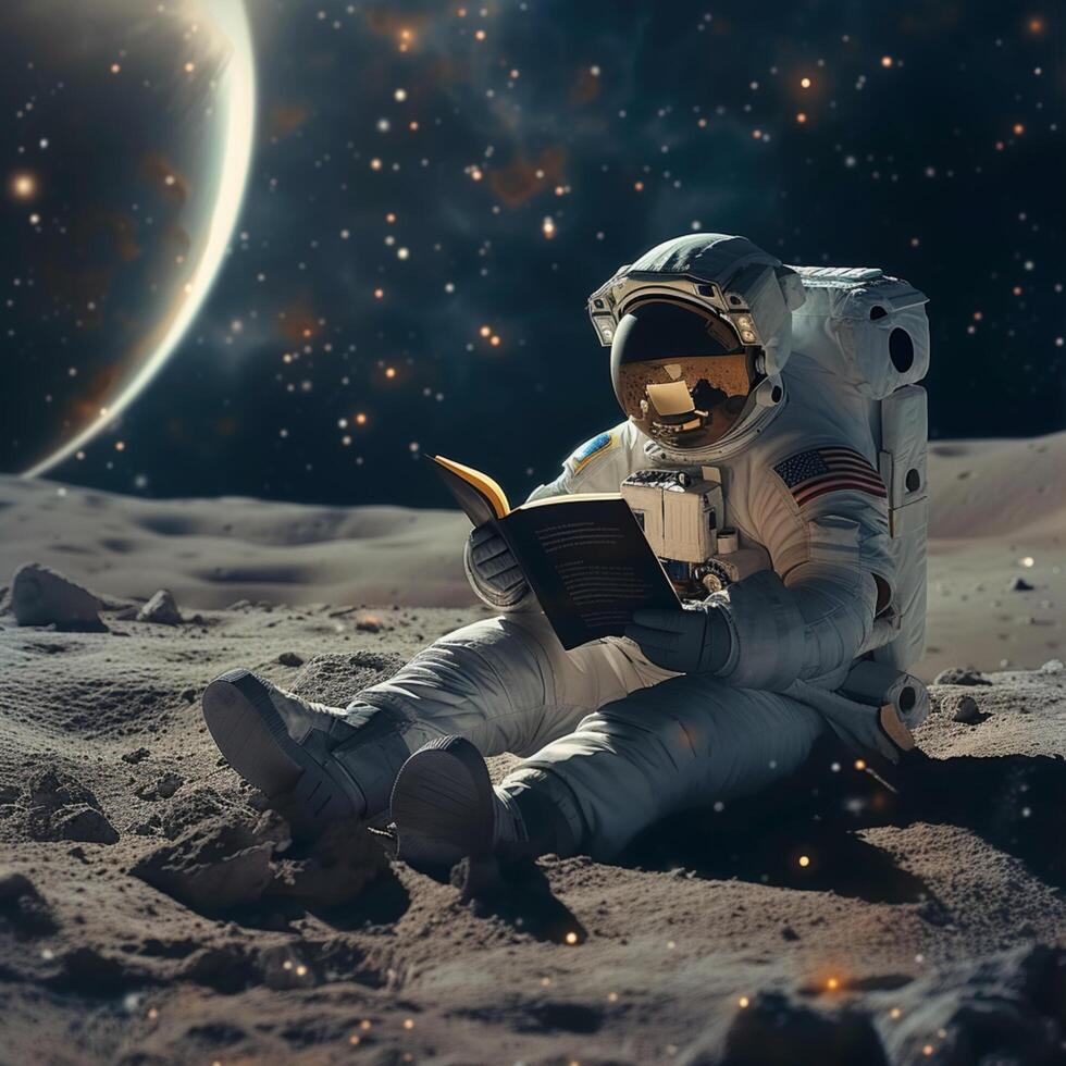ai generiert kosmisch Bildung Astronaut genießt ein Buch inmitten Mond- Einsamkeit zum Sozial Medien Post Größe foto