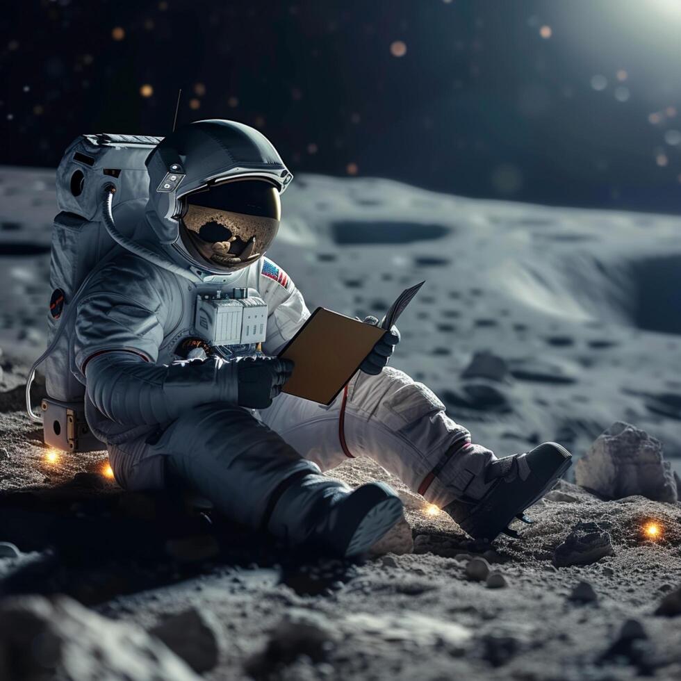 ai generiert Raum Literatur Astronaut eingetaucht im lesen auf das Monde Oberfläche zum Sozial Medien Post Größe foto