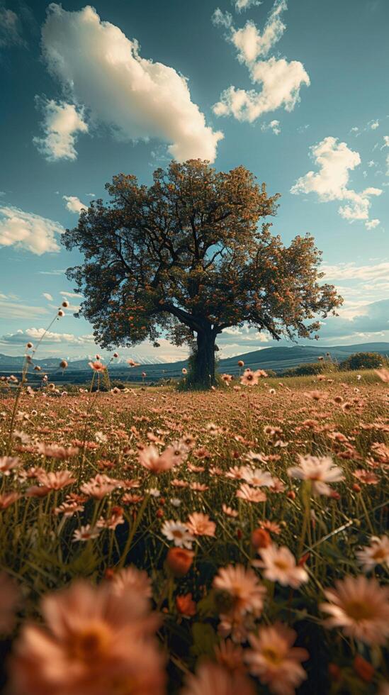 ai generiert Sommer- Glückseligkeit expansiv Blume Feld mit majestätisch Baum gegen Blau Himmel Vertikale Handy, Mobiltelefon Hintergrund foto