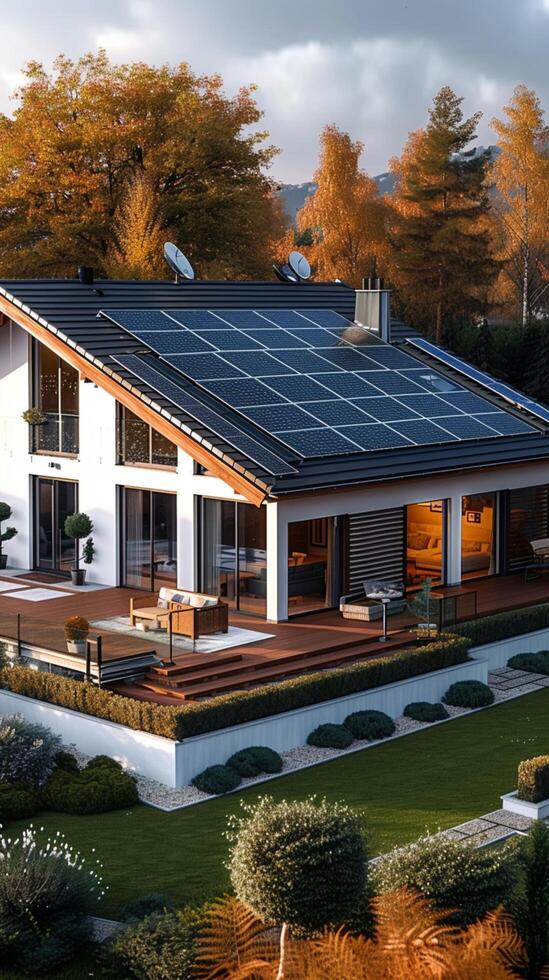 ai generiert Energie effizient Zuhause Haus Eigenschaften bituminös Fliese Dach, Hervorheben verlängerbar Energie Vertikale Handy, Mobiltelefon Hintergrund foto