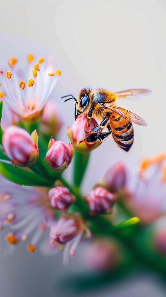 ai generiert Bestäubung Moment Honig Biene steigt aus zart auf bunt Blume Vertikale Handy, Mobiltelefon Hintergrund foto