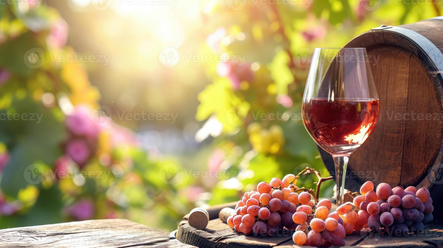 ai generiert Glas von Wein mit Trauben und Fass auf ein sonnig Hintergrund foto
