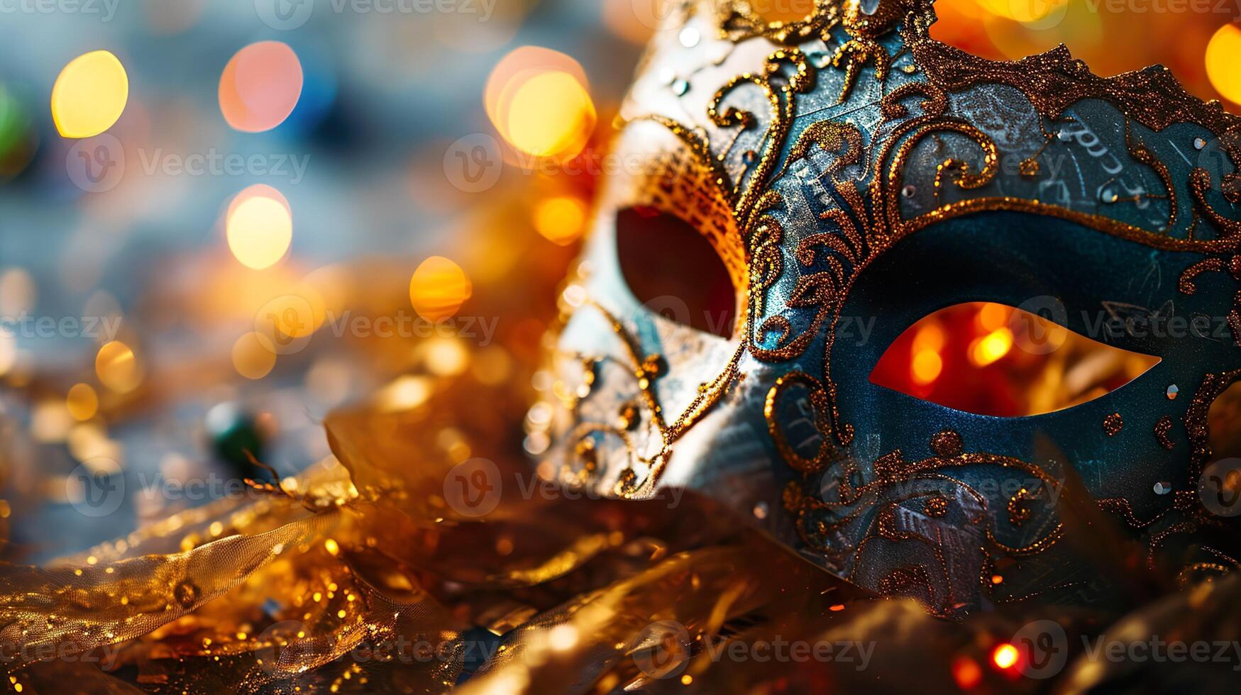 ai generiert Nahansicht von Blau und golden Karneval Maskerade Parade Maske auf verschwommen dunkel Blau Hintergrund mit Orange Beleuchtung. Kopieren Raum. zum Kostüm Festival Feier, Einladung, Förderung. foto