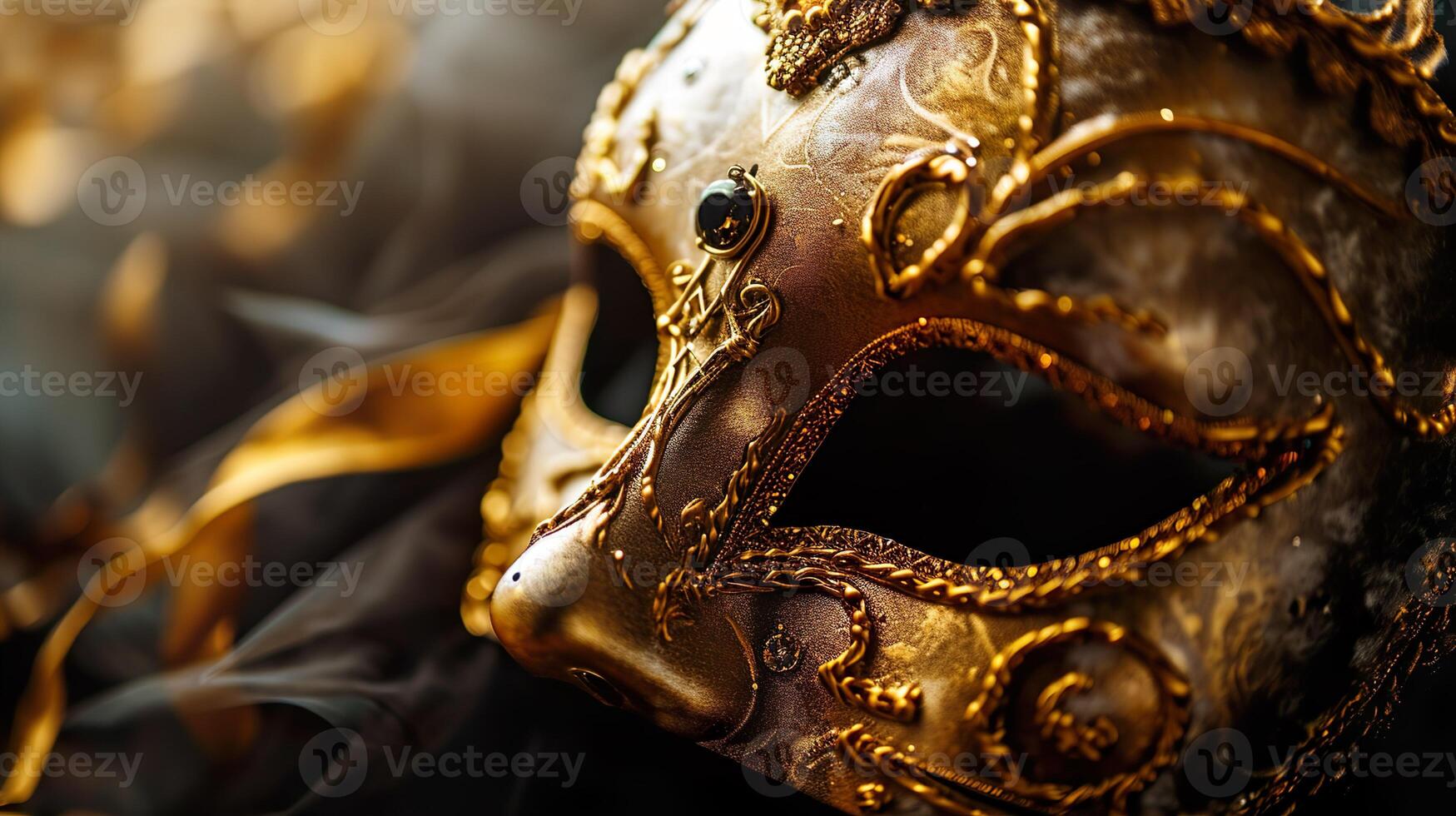 ai generiert golden venezianisch Karneval Maskerade Parade Maske auf verschwommen dunkel Blau Hintergrund mit Orange Beleuchtung. Kopieren Raum. zum Kostüm Festival Feier, Einladung, Förderung. foto