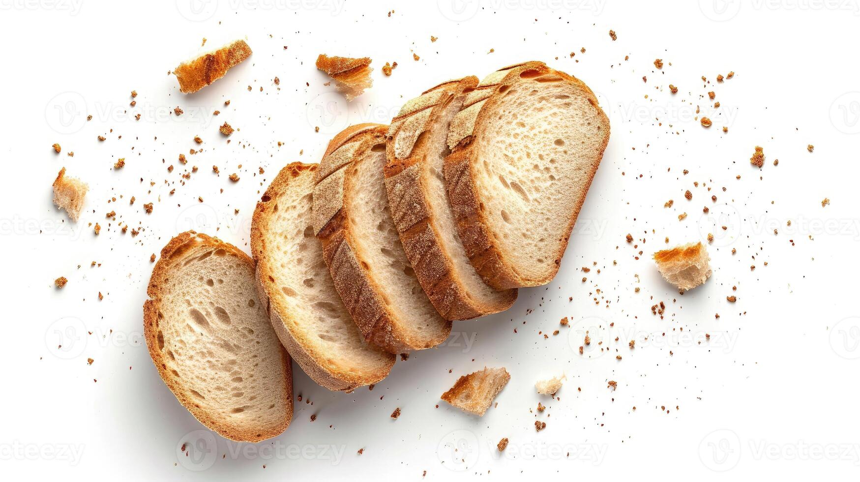 ai generiert geschnitten Brot isoliert auf ein Weiß Hintergrund. Brot Scheiben und Krümel angesehen von über. oben Aussicht foto