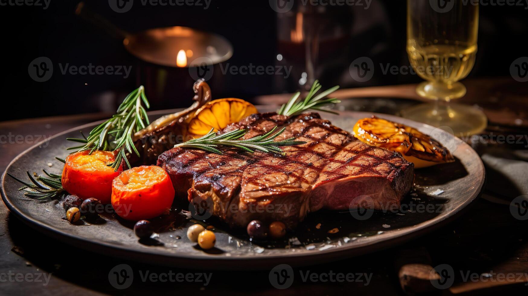 ai generiert ein Teller von frisch gegrillt Rindfleisch Steak mit Soße und geröstet Gemüse auf hölzern Tafel. Portion schick Essen im ein Restaurant. foto