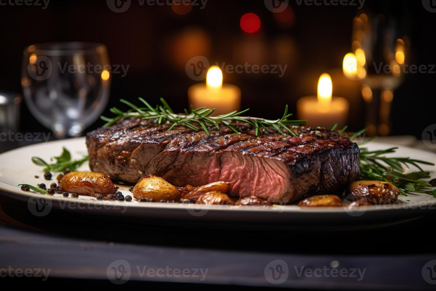 ai generiert ein Teller von frisch gegrillt Rindfleisch Steak mit Soße und geröstet Gemüse auf hölzern Tafel. Portion schick Essen im ein Restaurant. foto