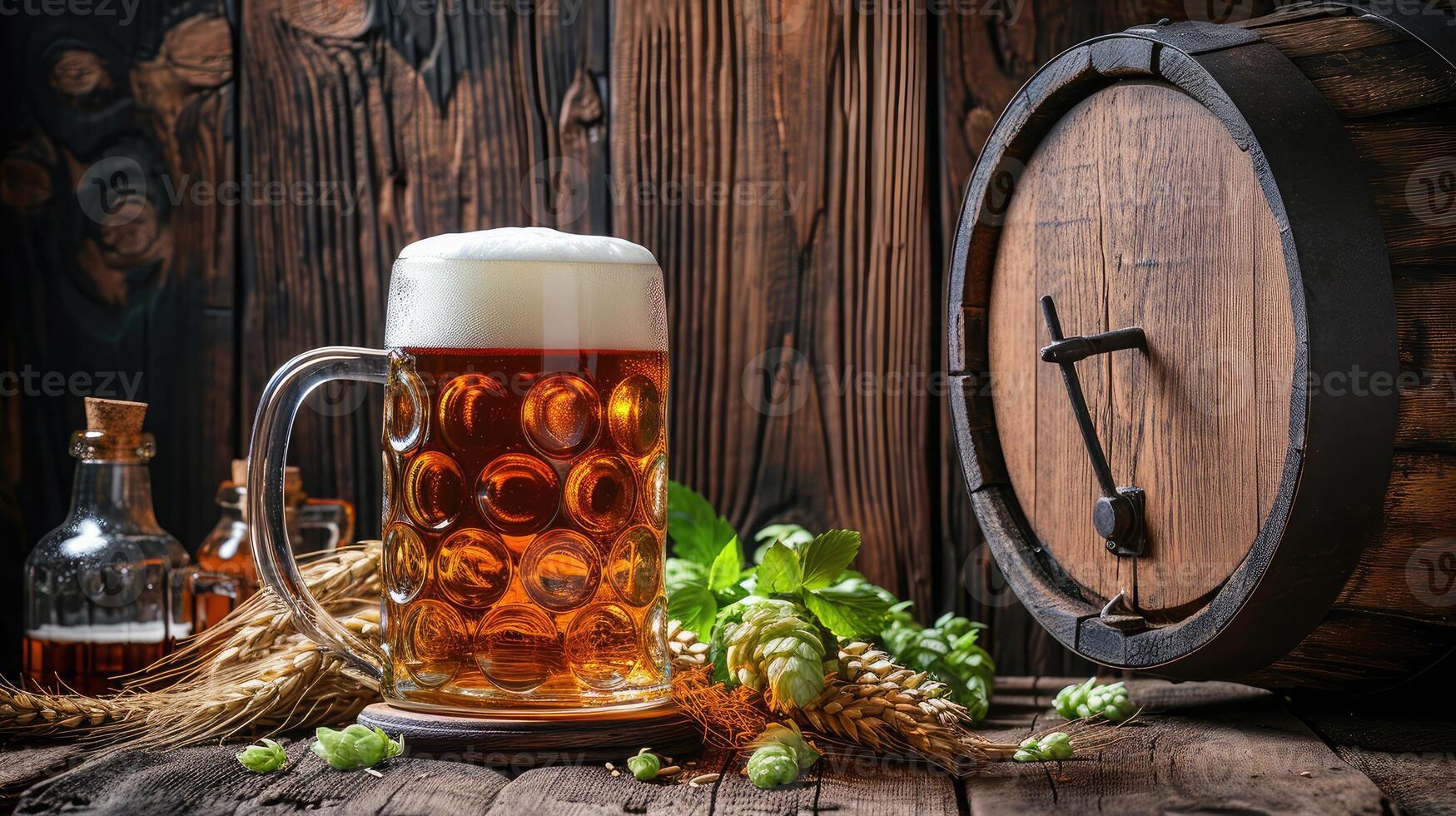 ai generiert Becher von Bier, Weizen Ohren, Hopfen und Bier Fass auf ein hölzern Hintergrund foto