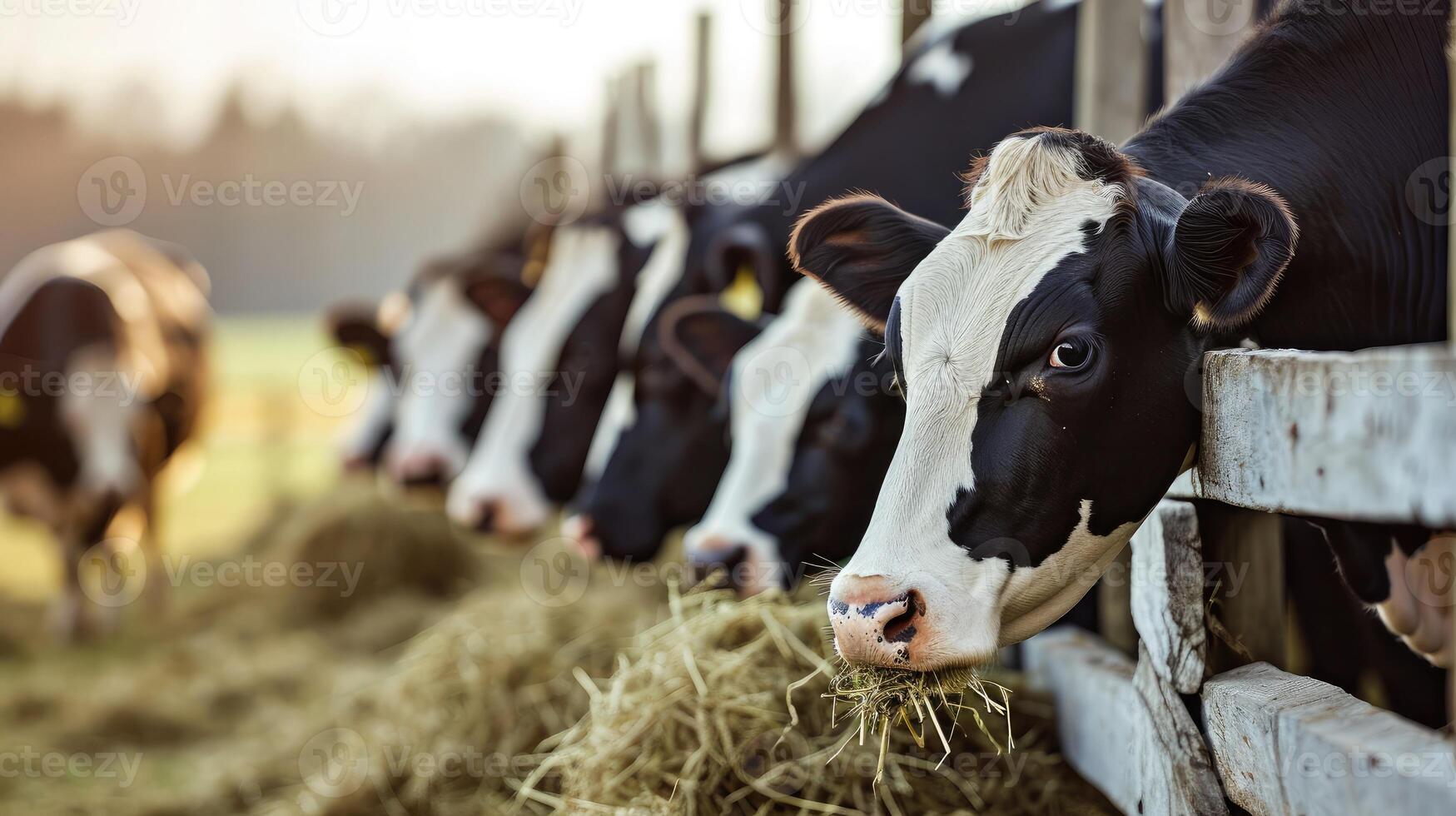 ai generiert modern draussen Kuhstall beim Molkerei Bauernhof mit Herde von Melken holstein Kühe Essen Heu von Krippe foto